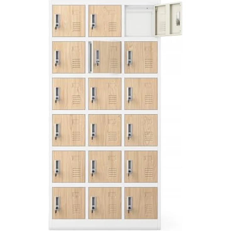 Jan Nowak Umkleideschrank 3B6A Fächerschrank Schließfachschrank mit 18 Fächern Metall Pulverbeschichtung 185 cm x 90 cm x 40 cm (Weiß-Holz) – Bild 3
