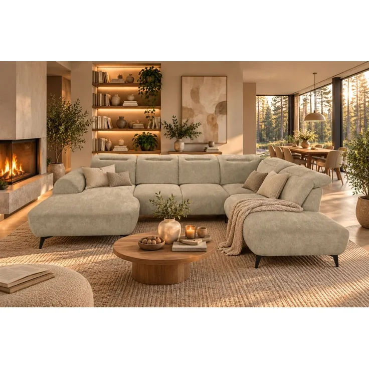 Wohnlandschaft Sofa U-Form ALETTE in Stoff Doha Hellbraun Lange Schenkel Rechts