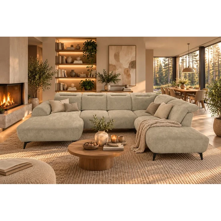 Wohnlandschaft Sofa U-Form ALETTE in Stoff Doha Hellbraun Lange Schenkel Rechts – Bild 1