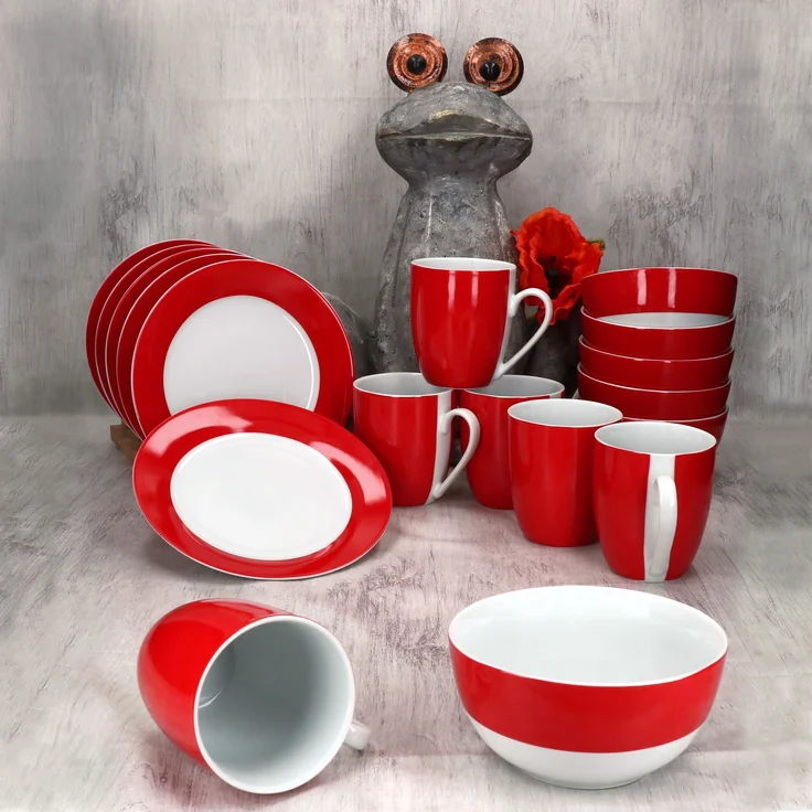 18tlg Frühstücksset Variant Rot Porzellan 6 Personen Teller Schale Becher – Bild 2