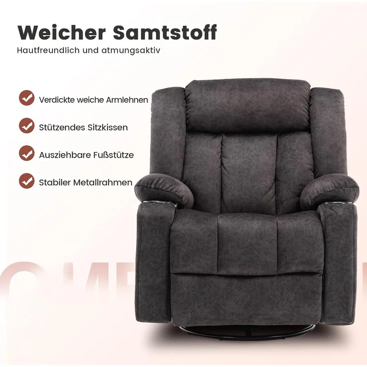 COMHOMA Manueller Drehbarer Relaxsessel für Erwachsene mit Verstellbarer Rückenlehne und Fußstütze, 360° Lounge Sessel für Wohnzimmer, Getränkehalter, Seitentaschen, Weicher Stoff, Ergonomisch, Grau – Bild 3