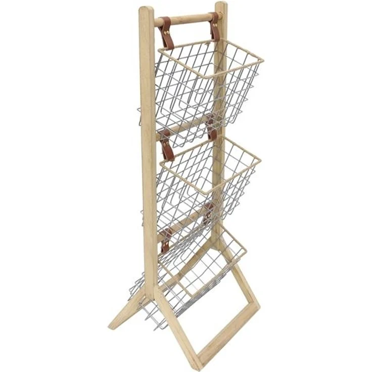 Dekoleidenschaft Standregal aus Holz mit 3 Körben aus Metall, 91 cm hoch, Korbregal, Küchenregal, Badregal, Holzregal mit Drahtkörben – Bild 3
