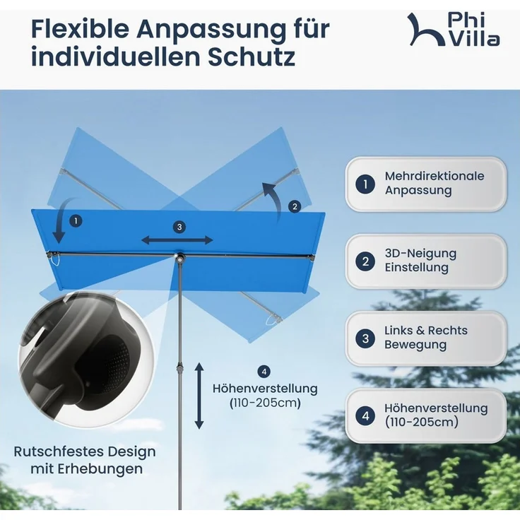 PHI VILLA Sonnenschirm, LxB: 180x130 cm, 360°Drehbar Sonnenschirm mit Hülle & klemme, Aluminium Balkonschirm Höhenverstellbar Windfest Stabil zum Mitnehmen – Bild 3