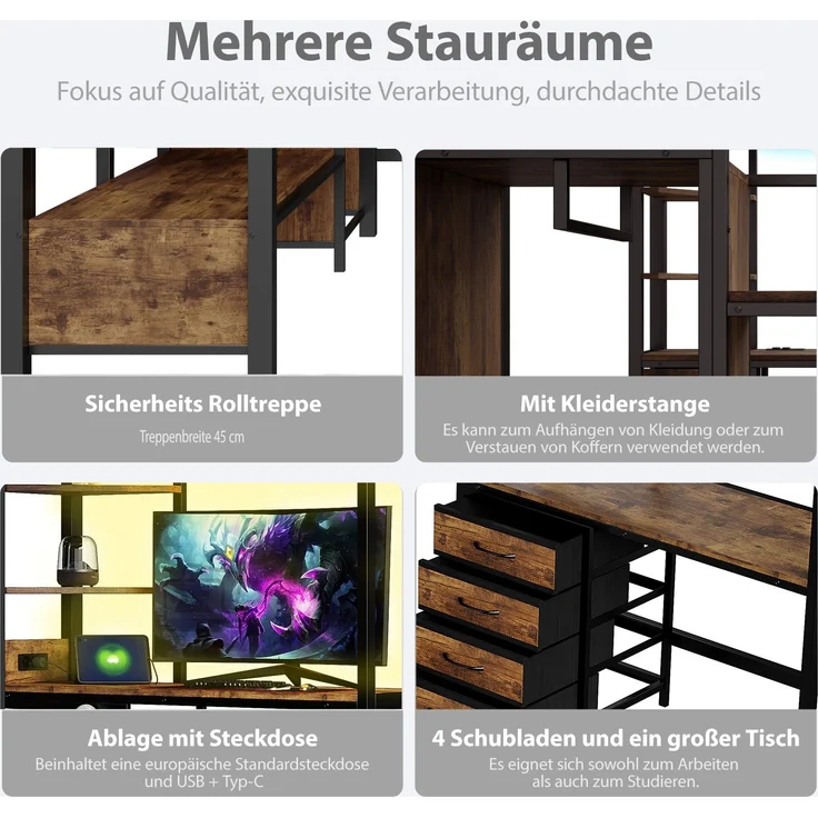 EINHOM Hochbett 140x200 cm, mit Schreibtisch, Ablagefächern, Kleiderstange, LED-Beleuchtung & Steckdose, Schwarz – Bild 7