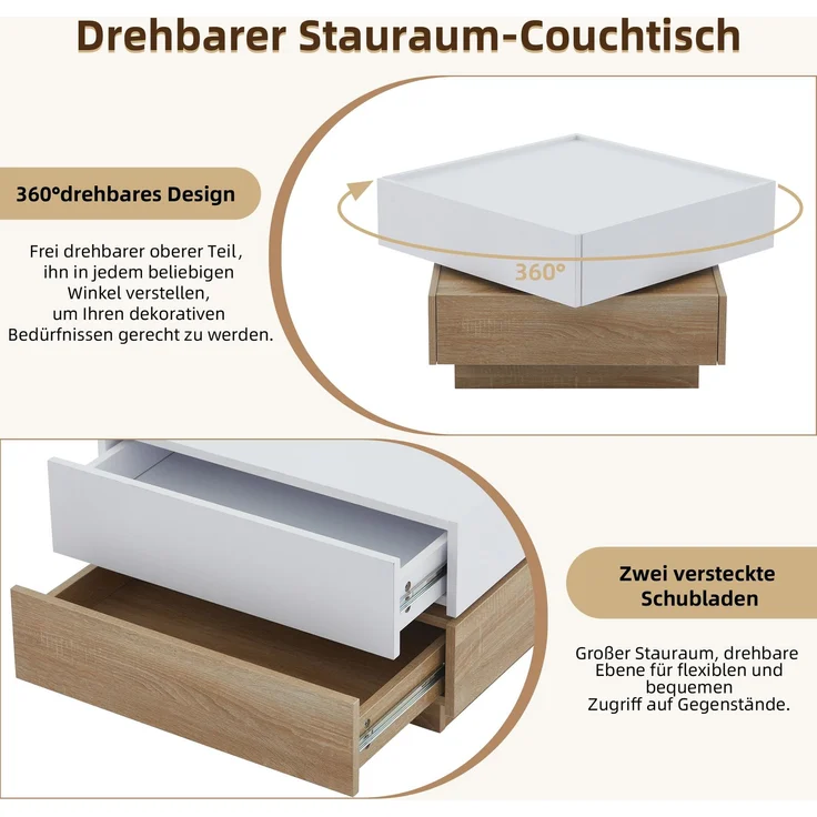 Merax Funktionaler Couchtisch für das Wohnzimmer, 360° drehbar, drehbare Tischplatte mit 2 Ablagen und Stauraum, Gestell Wohnzimmerbeistelltisch, 60*60*38 cm, weiß+walnuss – Bild 7