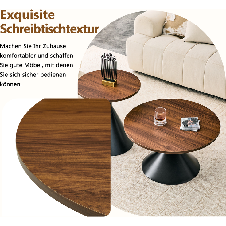 EINHOM 2er-Set Couchtisch & Beistelltisch in Walnussoptik – Runde Wohnzimmertische 70/50 cm, Melamin-Tischplatte, Schwarzes Pulverbeschichtetes Stahlgestell, für Wohnzimmer, Lounge & Café – Bild 6
