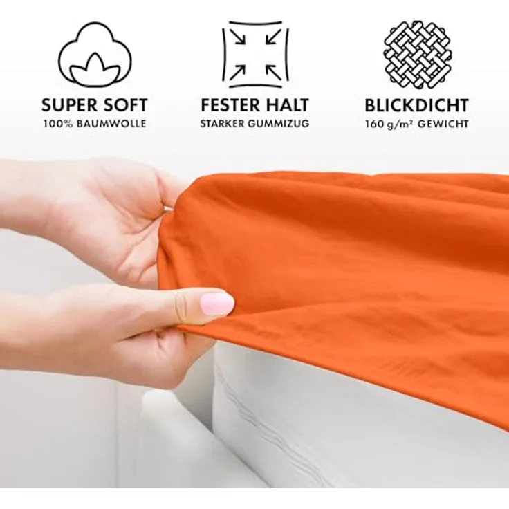 JACOBSON Jersey Spannbettlaken Spannbetttuch Baumwolle Bettlaken (Topper 140-160x200 cm, Orange) – Bild 4