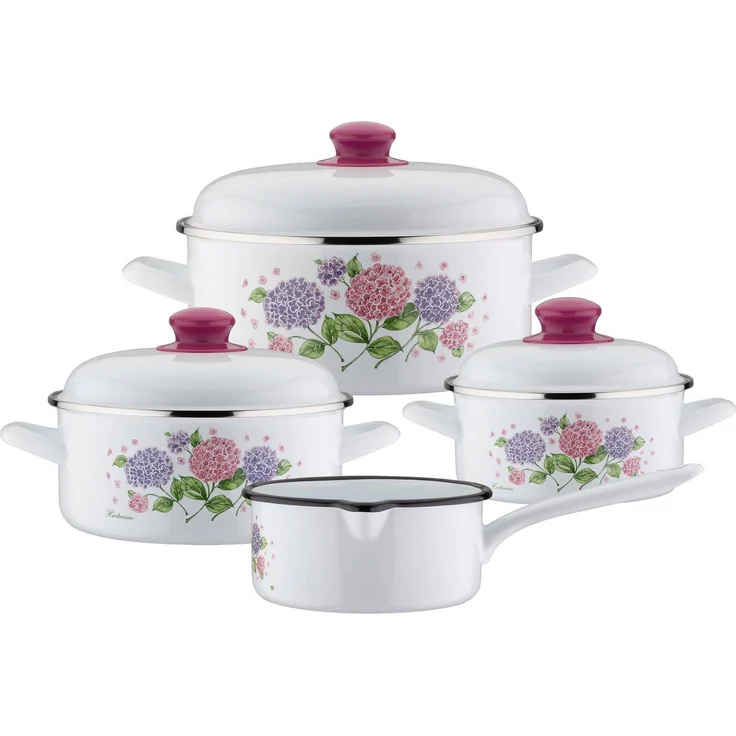 GSW Topf-Set Hortensie, Stahl-Emaille (Set, 7-tlg, je 1 Kochtopf Ø 16/20/24 cm, 1x Stielkasserolle Ø 16 cm), Induktion – Bild 3