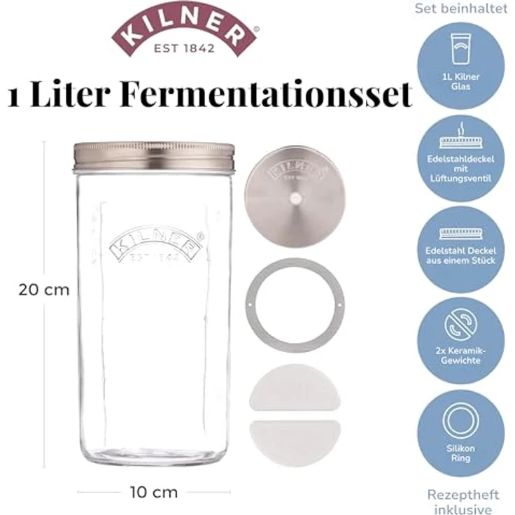 Kilner Fermentier Set / 1 Liter Glas mit Gärungsdeckel/einfaches Haltbarmachen von Gemüse/Fermentieren Starter Set/Konservieren von Gemüse, wie Sauerkraut und Kimchi/Einmachglas 1l – Bild 4