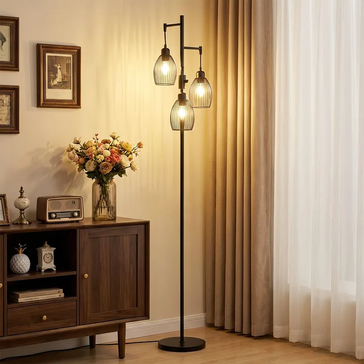 JARDJ Industrielle Stehlampe mit 3 Lampenschirmen und einstellbarem Dimmer, aus Stahl, 30 x 30 x 170,5 cm, Schwarz