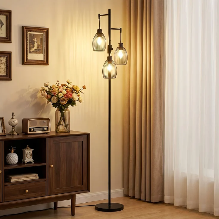 JARDJ Industrielle Stehlampe mit 3 Lampenschirmen und einstellbarem Dimmer, aus Stahl, 30 x 30 x 170,5 cm, Schwarz – Bild 1