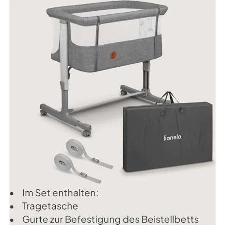 Lionelo Aurora 3 in 1 Babybett bis 9 kg, Beistellbett, Wiege, Höhenverstellug und Einstellung der Neigung der Matratze, 4 Räder mit Bremse Ergonomische Matratze Tasche – Bild 9