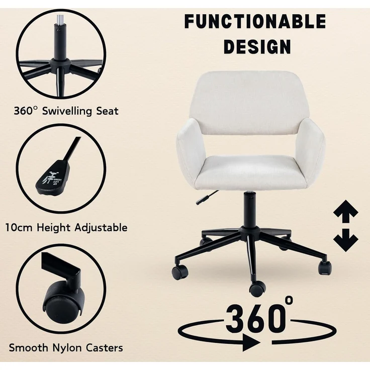 39F FURNITURE DREAM Skandinavischer Bürostuhl aus Stoff, beige, drehbar, höhenverstellbar und 5 Rollen für Kinder, die zu Hause Arbeiten, 56,5 x 57,5 x 75-85 cm – Bild 9