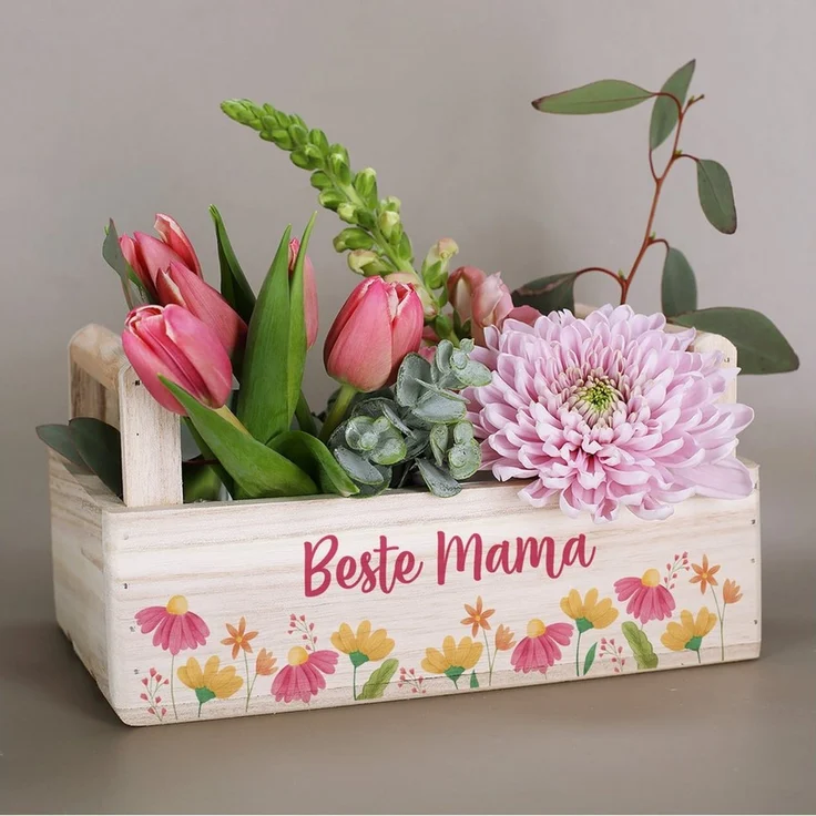 Herz & Heim Geschenkbox aus Holz - Geschenkkorb mit Blumen Motiv als Geschenkverpackung, mit Holzgriffen – Bild 2