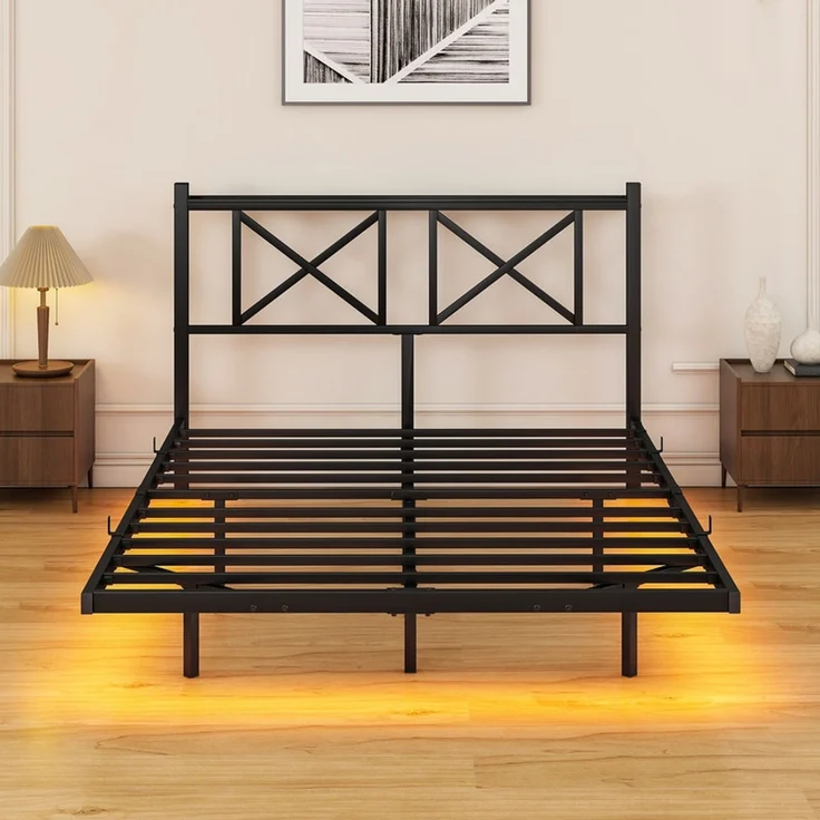 Homerecommend Schwebebett 120x200 cm, Bettrahmen mit LED-Beleuchtung, Steckdose und 2 USB-Anschlüssen, Vintage Schwarz – Bild 9