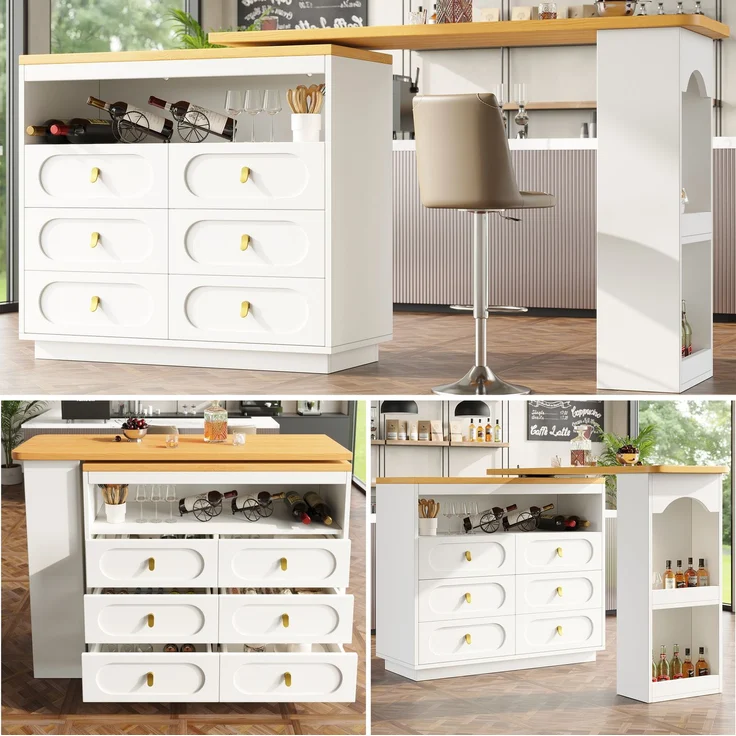 Merax Hochwertiger Ausziehbarer Bartisch mit 360° Drehfunktion und Stauraum, Längenverstellbar von 138-203cm, Rollbarer Bar Tisch mit Schubladen, Weiß – Bild 2