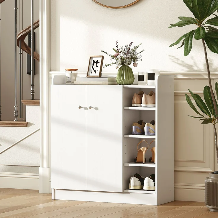 Wohnora-Schuhschrank für den Eingangsbereich, Platz für 12 Paar Schuhe – Schuhschrank mit 4 offenen Fächern und Doppeltüren – verstellbarer Einlegeboden – 83 x 30 x 90 cm (L x B x H) – weiß,H 900cm x T 830cm x B 300cm,Trinken – Bild 3