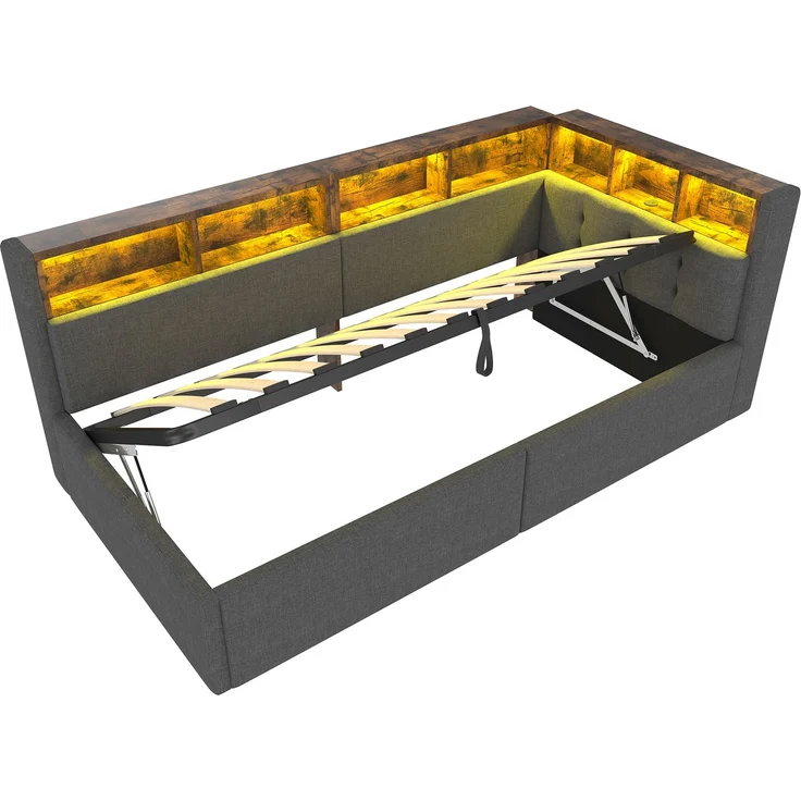 ZUBALIYA Schlafsofa / Tagesbett, mit hydraulische Aufbewahrungsfunktion und mehrfarbiger LED-Streifenbeleuchtung, 90 x 200 cm, Leinen, Grau, fürs Schlafzimmer, mit Stauraum, mit LED, Samt – Bild 12