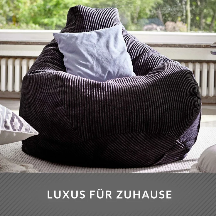 Green Bean® Sitzsack mit Rückenlehne 80x80x90cm - Gaming Chair mit 230L Füllung Cordstoff - Bean Bag Bodenkissen Lounge Sitzhocker Relax-Sessel Gamer Gamingstuhl Schwarz – Bild 6