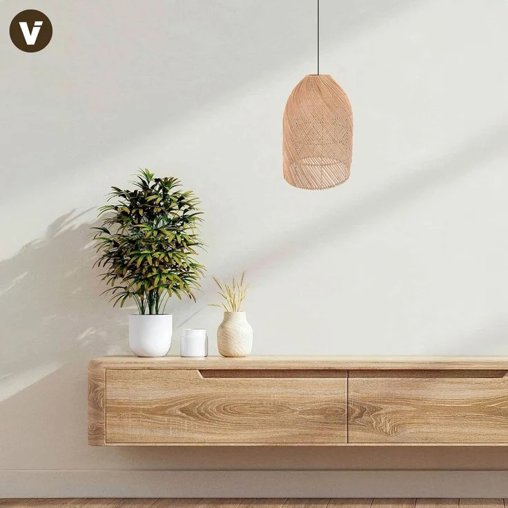 VIVANNO Hängeleuchte Rattan ESSENCE Rund - Beige Geflochten, ohne Leuchtmittel, 25x55 cm – Bild 5