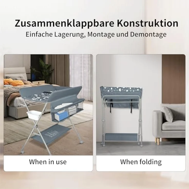Baby Klappbarer Wickeltisch，Mobiler Wickeltisch mit Rollen und Wickelauflage,Wasserdicht und Höhenverstellbar，Baby Wickelkombi mit Ablagefächern-80 * 58 * 90 cm-dunkelgrau – Bild 7