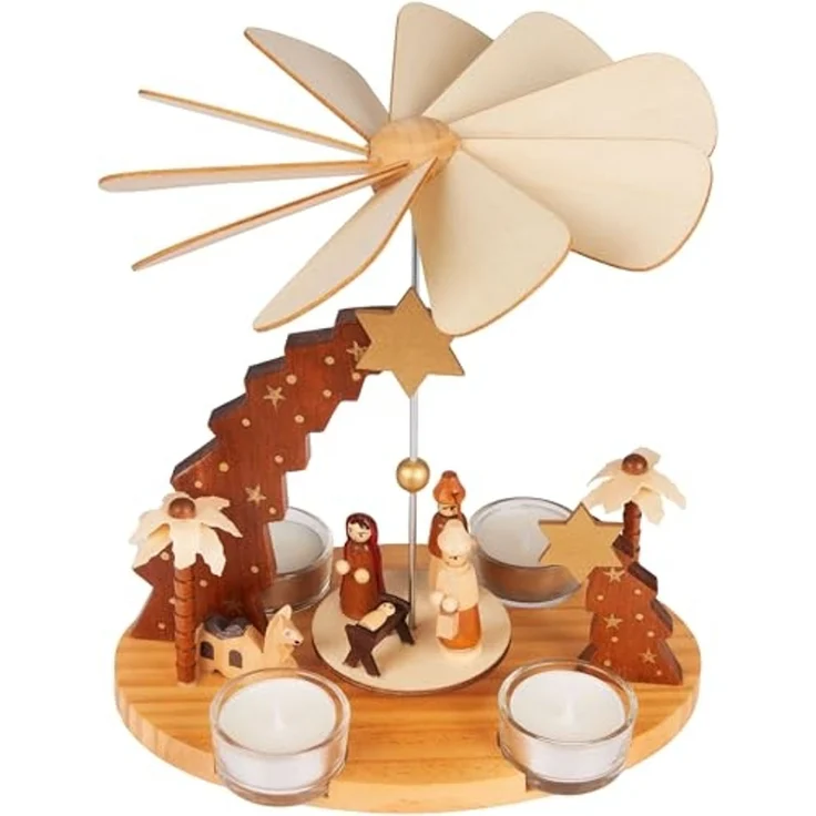 BRUBAKER Weihnachtspyramide Teelichtpyramide aus Holz - Stern von Betlehem, Jesus, Maria und Josef, 22 cm drehbare Tischpyramide für 4 Pyramiden-Teelichter - Weihnachten – Bild 7