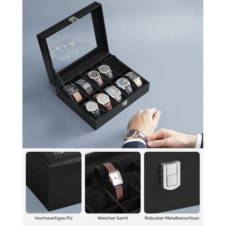 SONGMICS Uhrenbox mit 10 Fächern, Uhrenkasten, Glasdeckel, Uhrenkoffer, herausnehmbare Uhrenkissen, Metallverschluss, Geschenkidee, PU-Bezug in Schwarz, Innenfutter in Schwarz – Bild 5