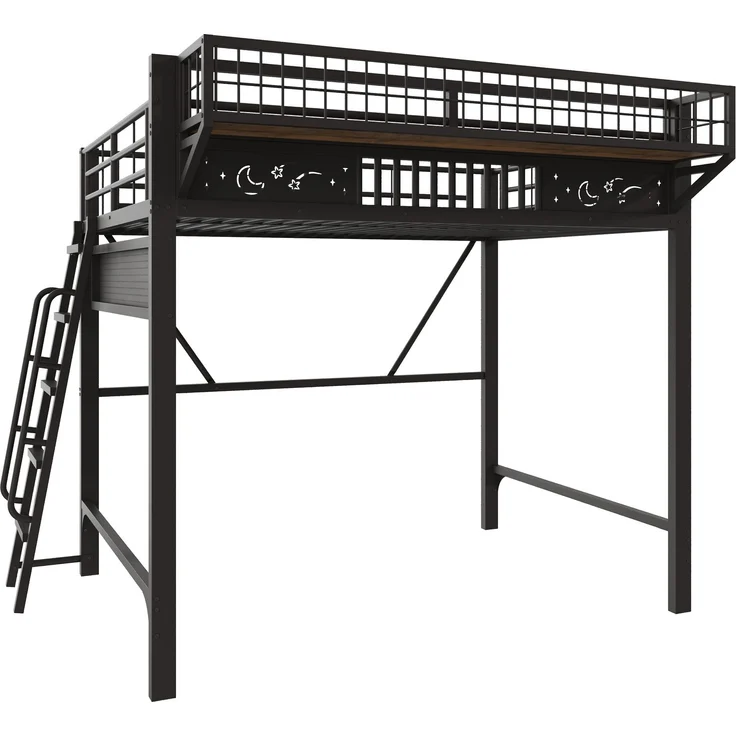 Hochbett, 140 x 200 cm, Metallbettgestell, Staufächer, offene untere Ebene, Ohne Matratze, Schwarz – Bild 10