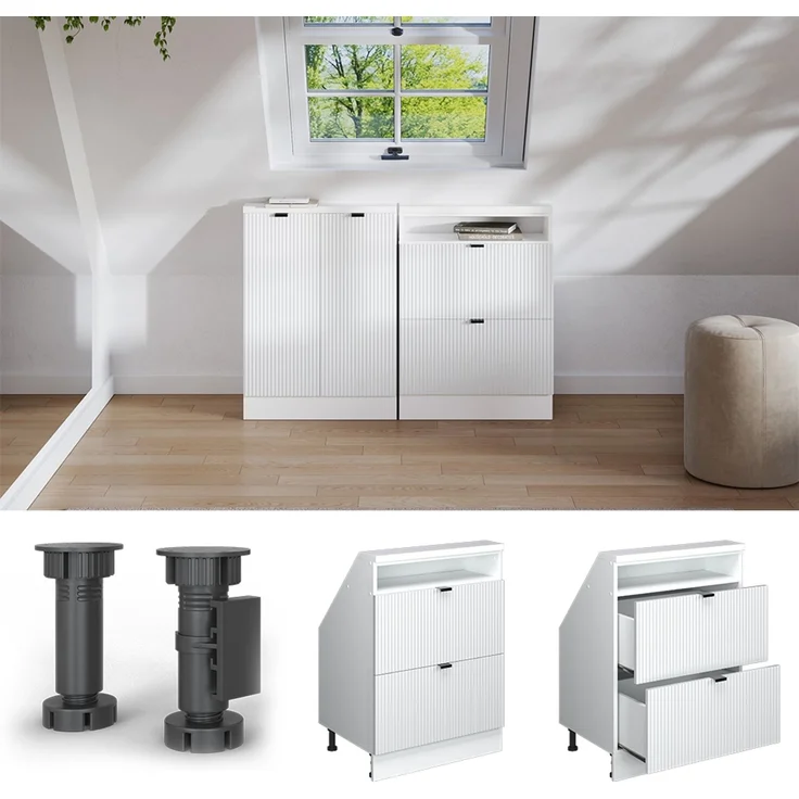 Küchenschrank für Dachschrägen R-Line Weiß Riffel 60 cm mit 2 Schubladen Vicco – Bild 4