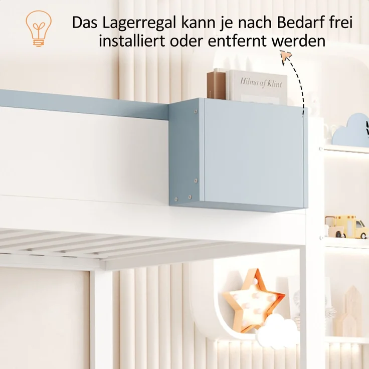 Kinder-Etagenbett 90x200 cm mit Kaninchen-Design, Stauraumleiter, Schubladen, Ablagefach, Massivholz,Weiß & blau – Bild 4