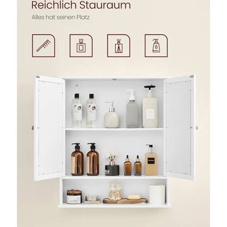 VASAGLE Spiegelschrank, Badschrank, Wandschrank, Hängeschrank mit 2 Spiegeltüren und offenem Fach, verstellbare Ablage, Wandmontage, 15 x 65 x 75 cm, weiß LHC012W01 – Bild 6