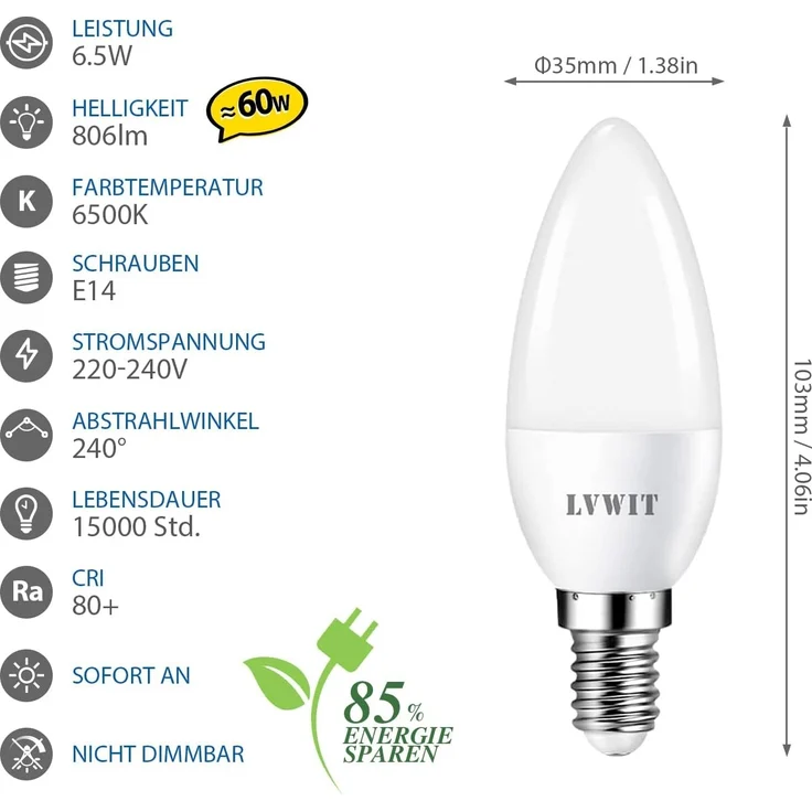 LVWIT LED Lampe E14, 470 lm, 6500K Kaltweiß, ersetzt 40 Watt, 4.9W LED Leuchtmittel in Kerzenform C37, matt (6er Pack) – Bild 2