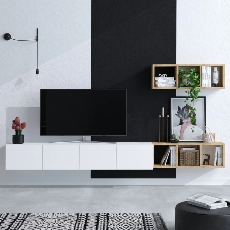 Calicosy TV-Schrank 4 Türen Weiß mit Eichenregal L215 cm - PIA - Weiß – Bild 2