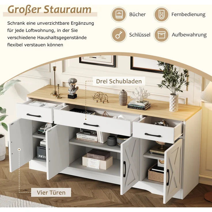 Sideboard MDF mit 3 Schubladen & 4 Türen 160x37x75 cm, Weiß – Bild 5