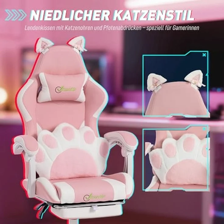 Vinsetto Gaming-Stuhl PC Stuhl Kunstleder (Computerstuhl, 1 St), Katzenohren, Lendenkissen mit Katzenpfoten, Fußstütze – Bild 5