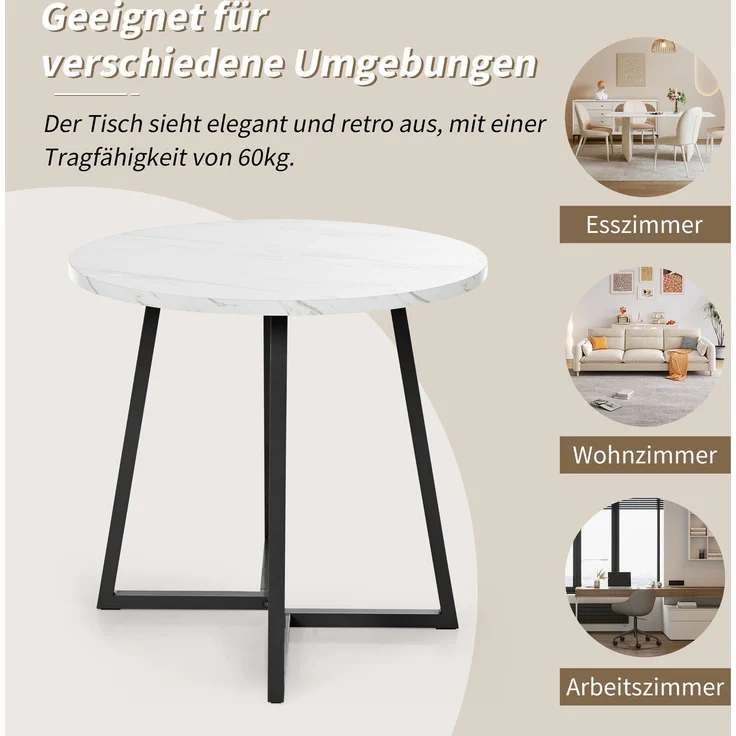 Esszimmer-Set 5-tlg Runder Tisch 80 cm Durchmesser Marmor Spanplatte Mit 4 Samt Stühlen Metallgestell Verstellbare schwarze Beine – Bild 2