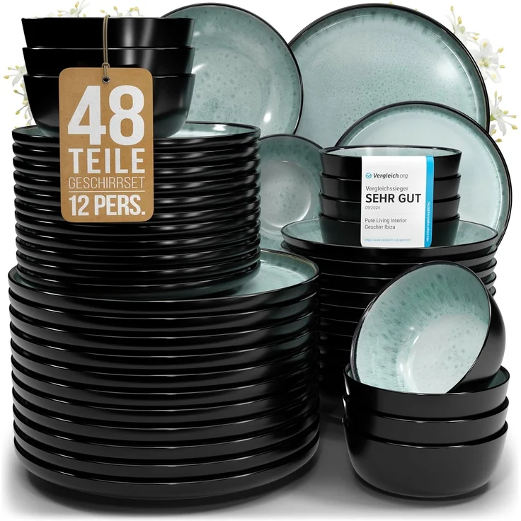 Steingut Geschirrset 12 Pers. Ibiza 48-tlg Hochwertiges Mediterranes TEST SEHR GUT Steingut Geschirr Set - Schüssel- und Teller Set - Tafelservice 12 Personen Geschirrsets Pure Living in Salbeigrün