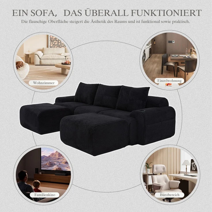 Sofa 3-Sitzer 268x174x80 cm mit schwarzer Cord-Sitzfläche, modular, Cupholder und Seitentasche – Bild 9
