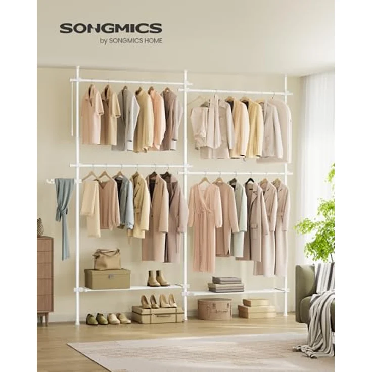 Songmics Teleskopstange Kleiderständer, 3-stufige Garderobe, höhen- und breitenverstellbar, offener Kleiderschrank mit 4 Kleiderstangen und 2 abnehmbaren Ablagen, Greifarm, mattweiß HSR154W01 – Bild 3