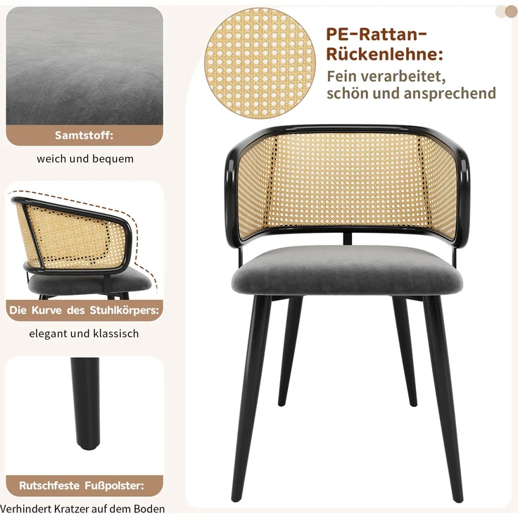 6 Esszimmerstühle mit Rattan-Rückenlehne & Samtkissen, 47x47x79 cm, Grau – Bild 7