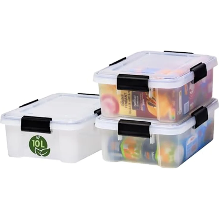 Iris Ohyama Luftdichte Kunststoff-Aufbewahrungsboxen mit Deckel, 10L, 3er-Set, Transparent, Hermetischer wasserdichter Verschluss, Robuste Schnappverschlüsse, Stapelbar, Staubschutz, BPA-frei, AT-S – Bild 2