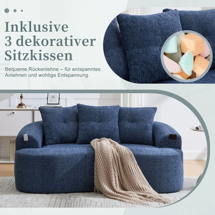 LVHOM 2-Sitzer Sofa mit 3 Kissen, Cloud Sofa mit komprimiertem Design, kein Aufbau erforderlich, Doppelsofa aus Chenille, Blau – Bild 8