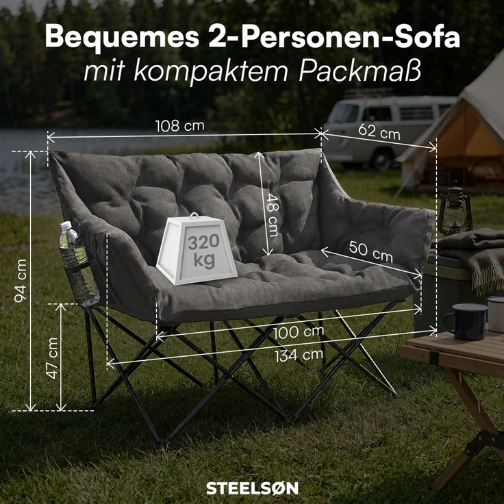 STEELSØN 'Hoggar' Campingbank für 2 Personen, schwarz, XXL Klappstuhl, bis 320 kg, gepolsterte Campingbank mit 2 Seitentaschen – Bild 9