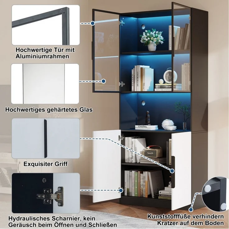 BlingBin Vitrine Glashängeschrank mit LED-Leuchten (1er Set, 1-St, Vitrine mit Glastüren, 30x160x200cm) Bücherregal für Sammlerstücke,einstellbare Farbtemperatur & Helligkeit – Bild 2