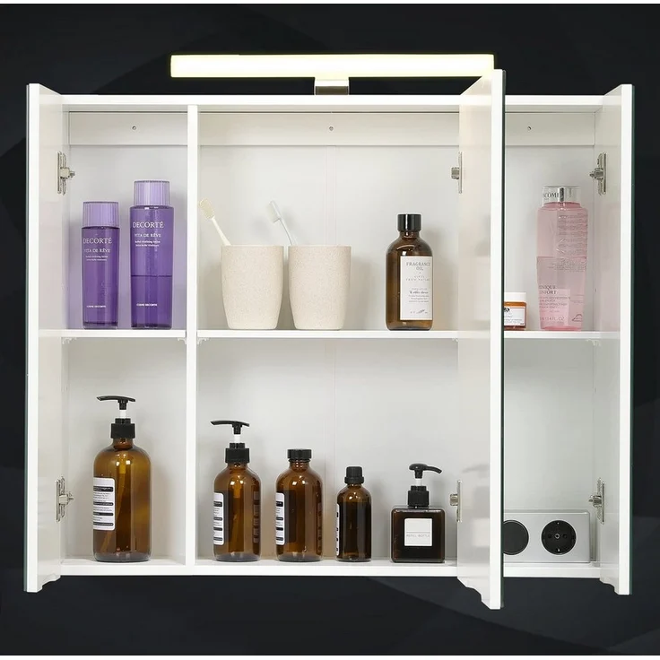 MSMASK Badezimmerspiegelschrank mit LED Beleuchtung, Steckdose und lichtschalter 70x15x60cm(BxTxH) (Ohne Matratze) Badezimmer spiegelschrank mit 3 Türen,Spiegel,Hängeschrank – Bild 3