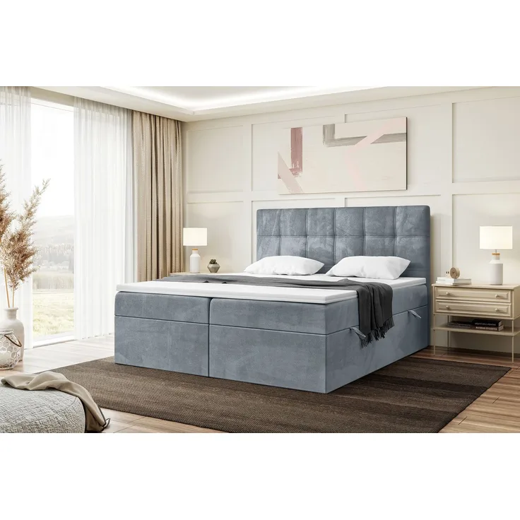 MEBLINI Boxspringbett KAI 200x220cm - H4/Grau Samt - mit Bettkasten - Gepolstert Doppelbett mit Matratze und Topper - Polsterbett mit Stauraum - Bett mit Kopfteil - Stauraumbett