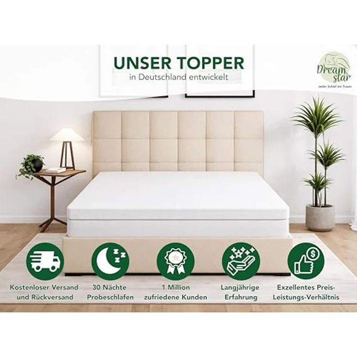 Dreamstar Duo Topper, Matratzentopper H2/H3 mit Gel-Memory und Komfortschicht, 7 cm hoch, rutschfest, waschbarer Bezug für Matratzen und Boxspringbetten – Bild 5