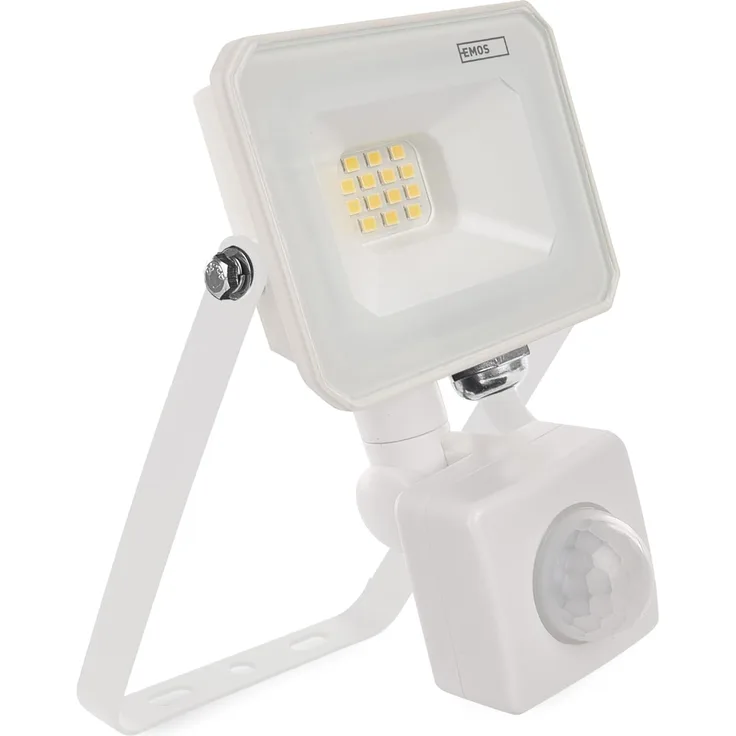 EMOS LED Strahler SIMPO 10 W mit Bewegungsmelder, superhell 1000 lm, IP44 wasserdichtes Flutlicht für Feuchtraum oder Außen, Neutralweiß 4000K, Lebensdauer 15000 St, 15 cm Anschlusskabel, weiß