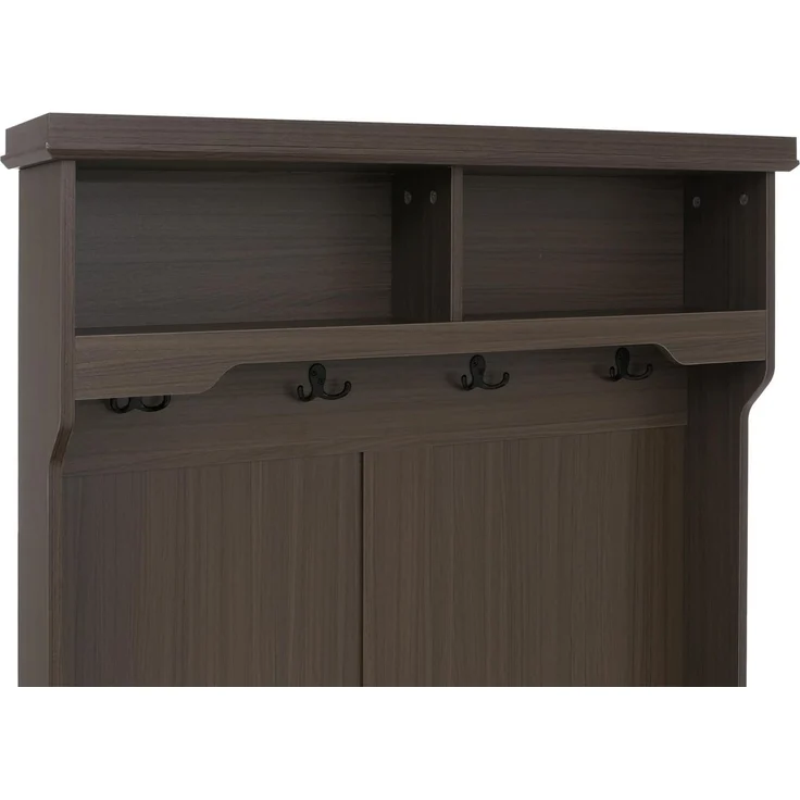 Garderobe HWC-P27, Flurgarderobe Holzgarderobe Sitzbank, 4 Haken Staufach Ablage Melamin 163x100x47cm ~ Walnuss-Optik – Bild 7