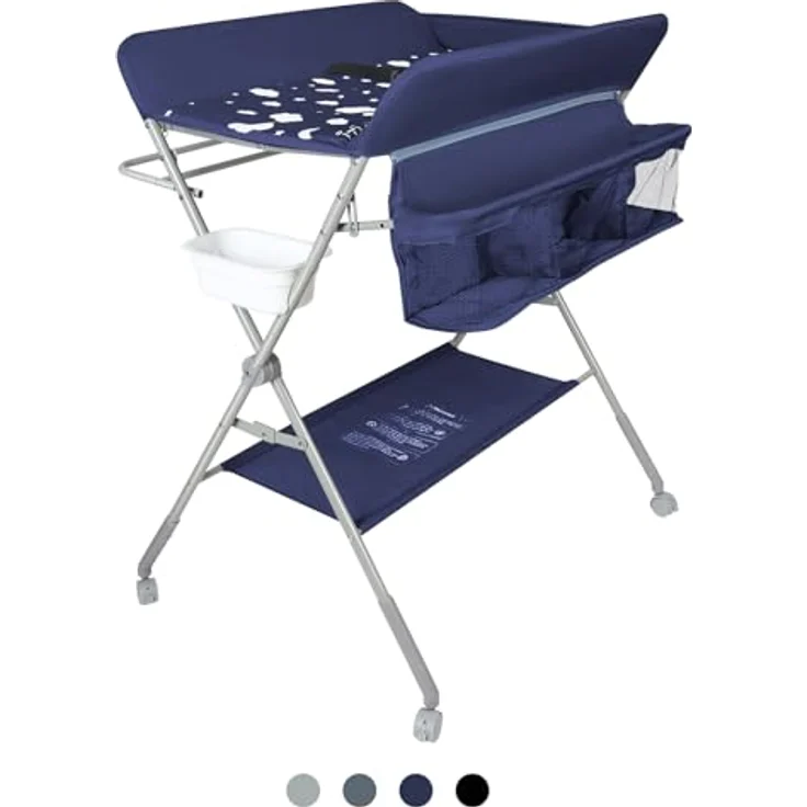 Baby Klappbarer Wickeltisch，Mobiler Wickeltisch mit Rollen und Wickelauflage,Wasserdicht und Höhenverstellbar，Baby Wickelkombi mit Ablagefächern-80 * 58 * 90 cm-Marineblau – Bild 5
